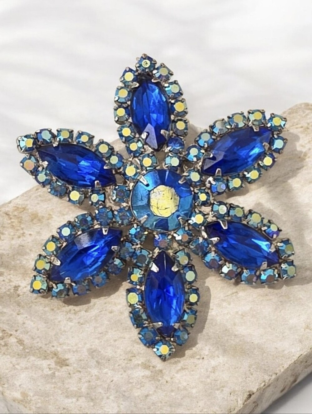 Vintage Cobalt Blue AB Rhinestone Flower Brooch Silver Tone Statement